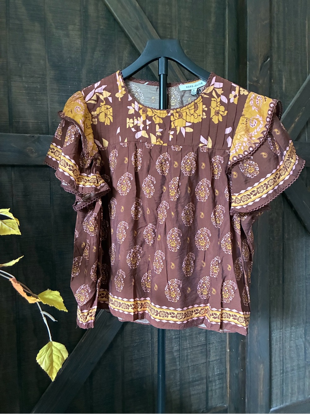 Rose & Olive Brown and Mustard Floral Ruffle Sleeve Blouse